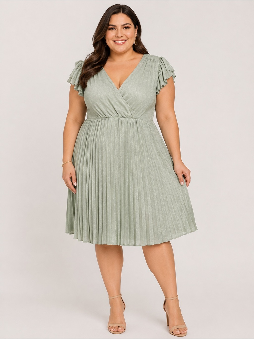 Addition Elle Sage Green Metallic Pleated Midi Dress Size X
